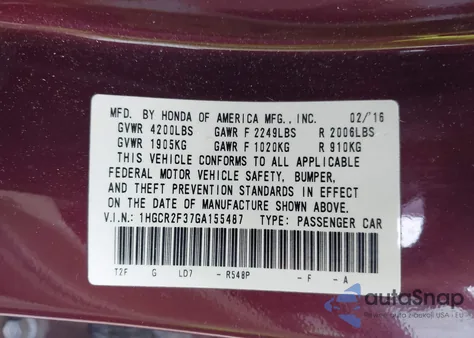 2016 Honda Accord Lx from USA, damaged, VIN 1HGCR2F37GA155487